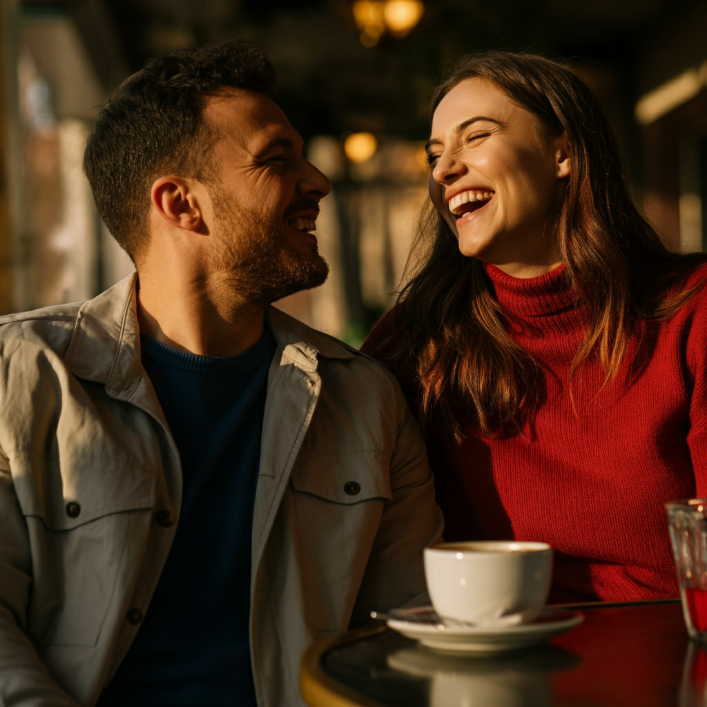 A couple laughing together in a sun-drenched cafe, with soft bokeh in the background. They are both well-dressed and exude happiness. The lighting is golden hour, creating a warm and inviting atmosphere.