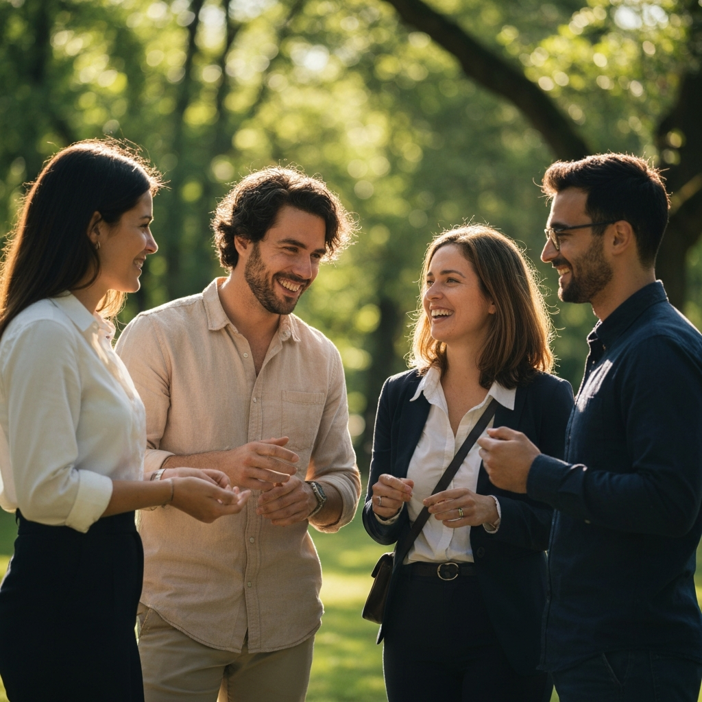 A group of friends having a casual conversation in a brightly lit park, with natural sunlight filtering through the trees. They are all smiling and engaging in relaxed body language.
