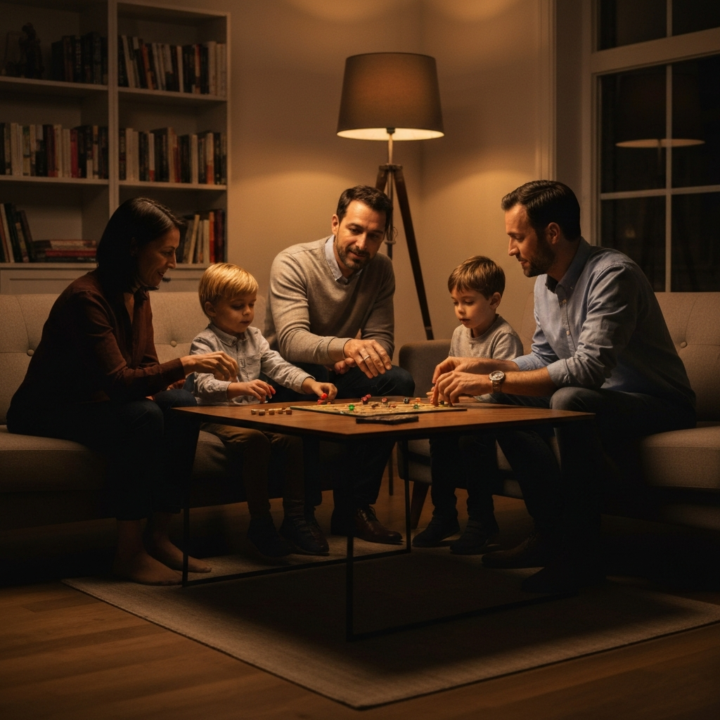 A warmly lit living room at dusk. A family of four is playing a board game at a coffee table. Soft bokeh in the background with a bookshelf and a lamp casting a warm glow on the scene.