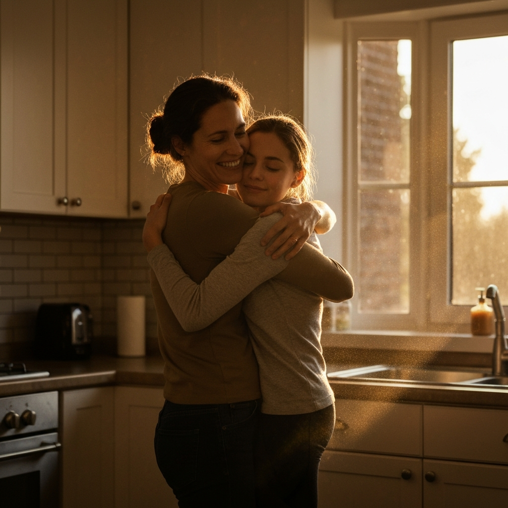 A parent hugging their child in a sunlit kitchen. The parent is smiling warmly. Golden hour lighting streams through the window, illuminating dust particles in the air.
