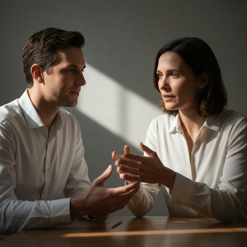 Two adults sitting at a table, having a calm and respectful discussion. Their body language is open and relaxed. Natural light illuminates the scene, casting soft shadows on their faces.