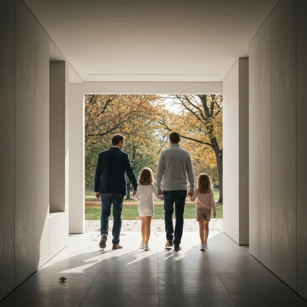 A family walking together in a park, side by side. The leaves are falling, indicating autumn. The scene is shot from a slight distance, capturing the sense of togetherness and forward movement.