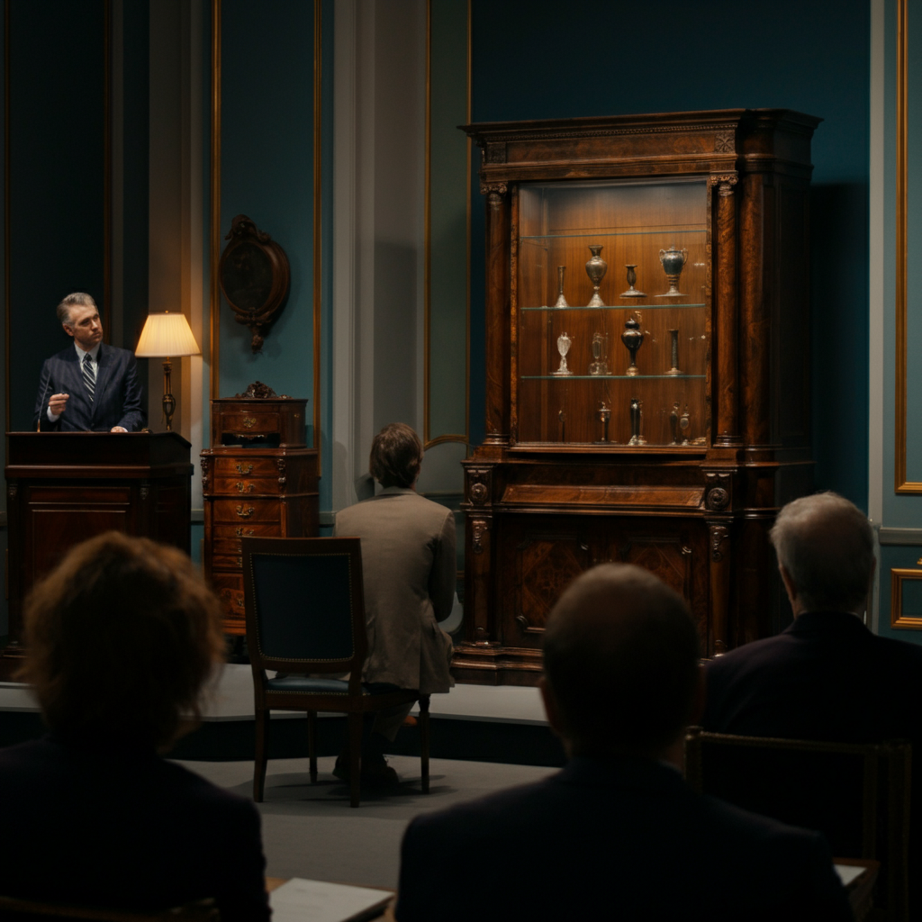 Wide shot of an auction hall during a live auction. Soft, diffused lighting highlights the varied textures of the antique furniture on display. People in professional attire are seated attentively, with the auctioneer standing prominently on a raised platform.