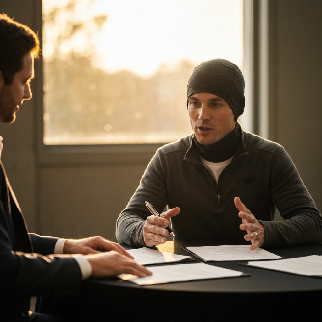 Medium shot of a person in business casual attire speaking with an auctioneer at a table with auction documents. The scene is well-lit and professional, with a soft bokeh effect in the background.