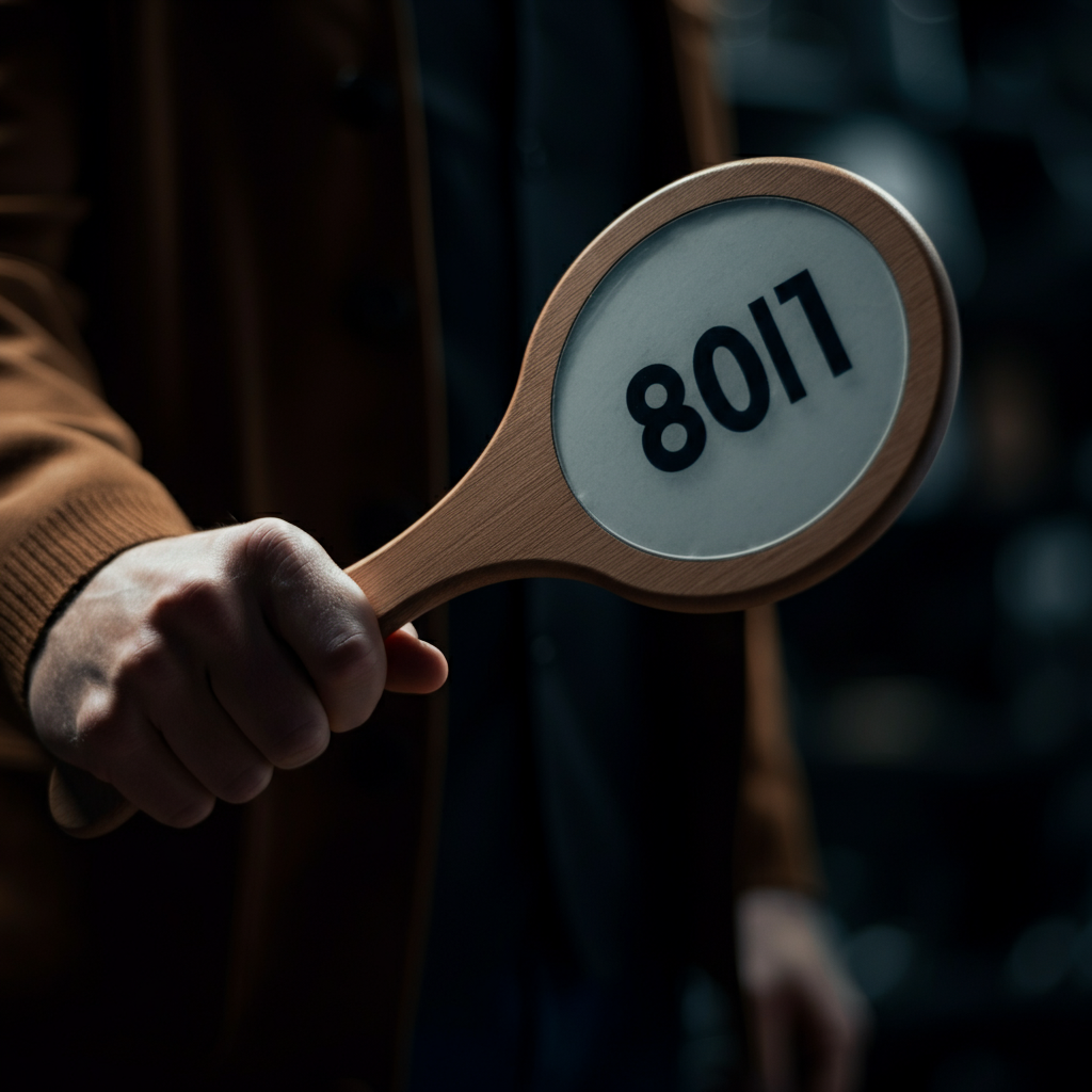 Close-up of a hand holding a bidding paddle with a clearly visible number. The background is blurred, emphasizing the paddle.