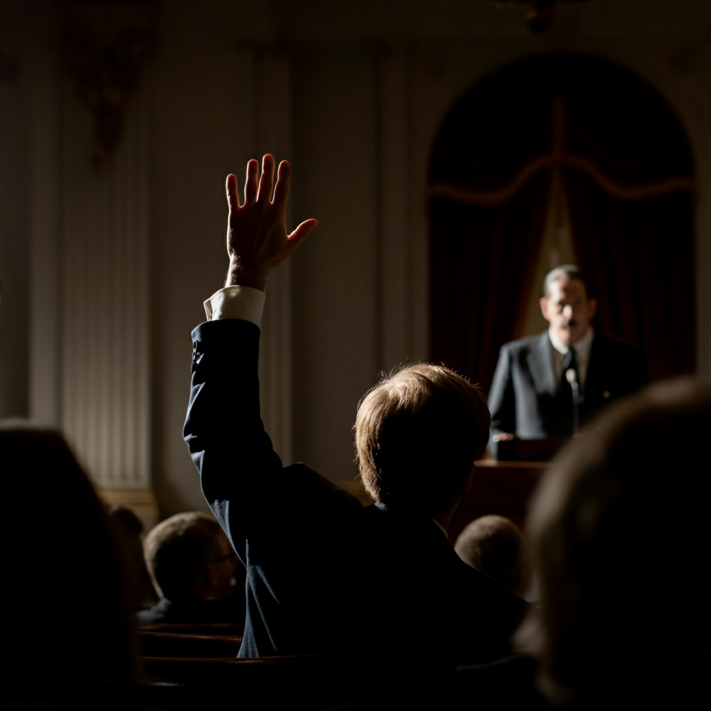 A person actively raising their hand during an auction. They're looking directly at the auctioneer with a determined expression. The lighting is focused on the bidder, with the rest of the room slightly blurred.