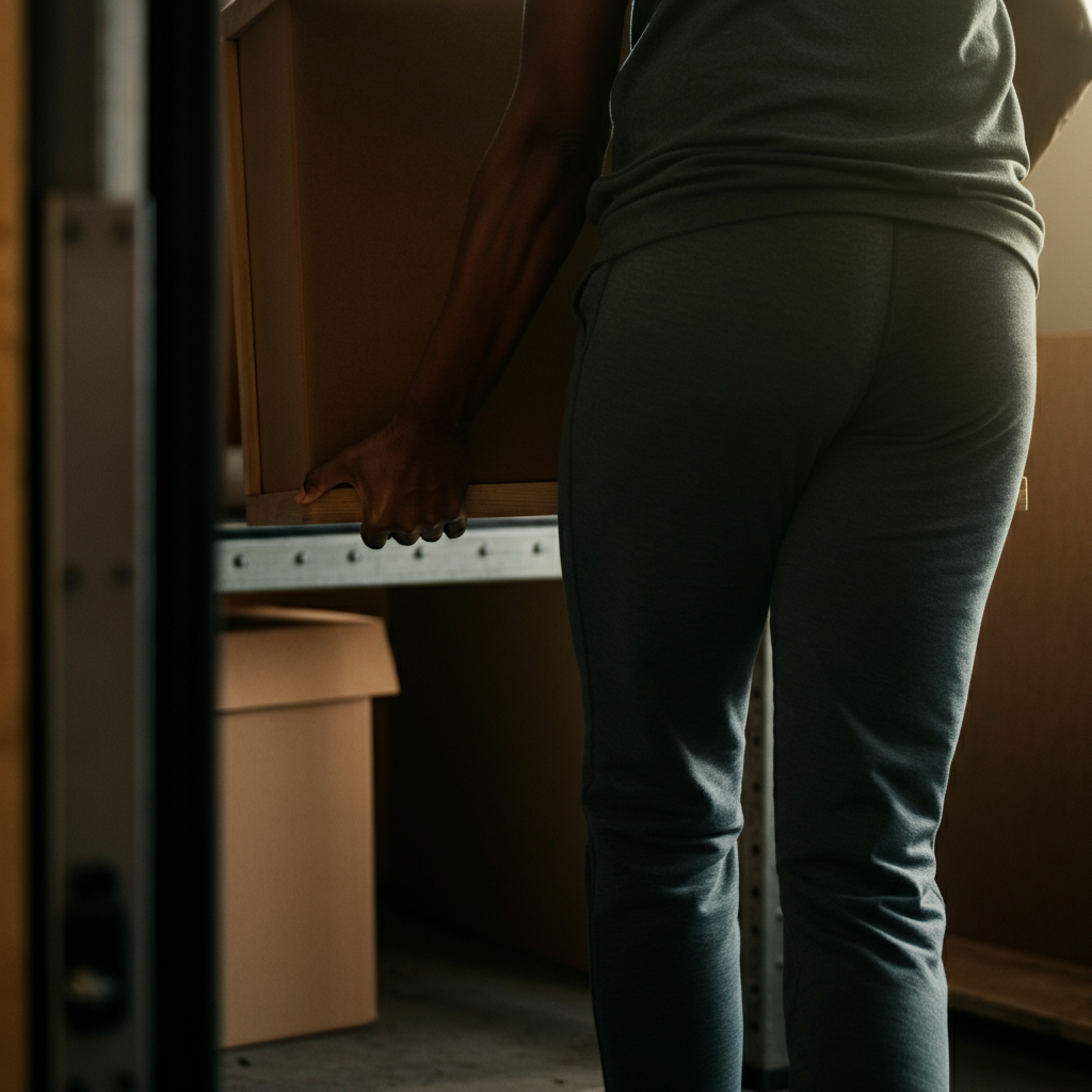 A person carefully loading a piece of furniture into a moving van. The lighting is bright and practical, emphasizing the task at hand.