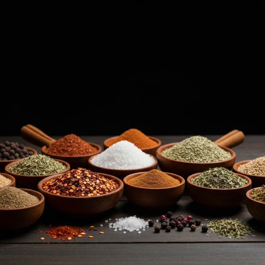 A close-up shot of various spices in small bowls, arranged on a dark wooden table with soft, diffused lighting highlighting the textures and colors. Chili flakes, sea salt, sugar crystals, peppercorns, and dried herbs are prominently featured.