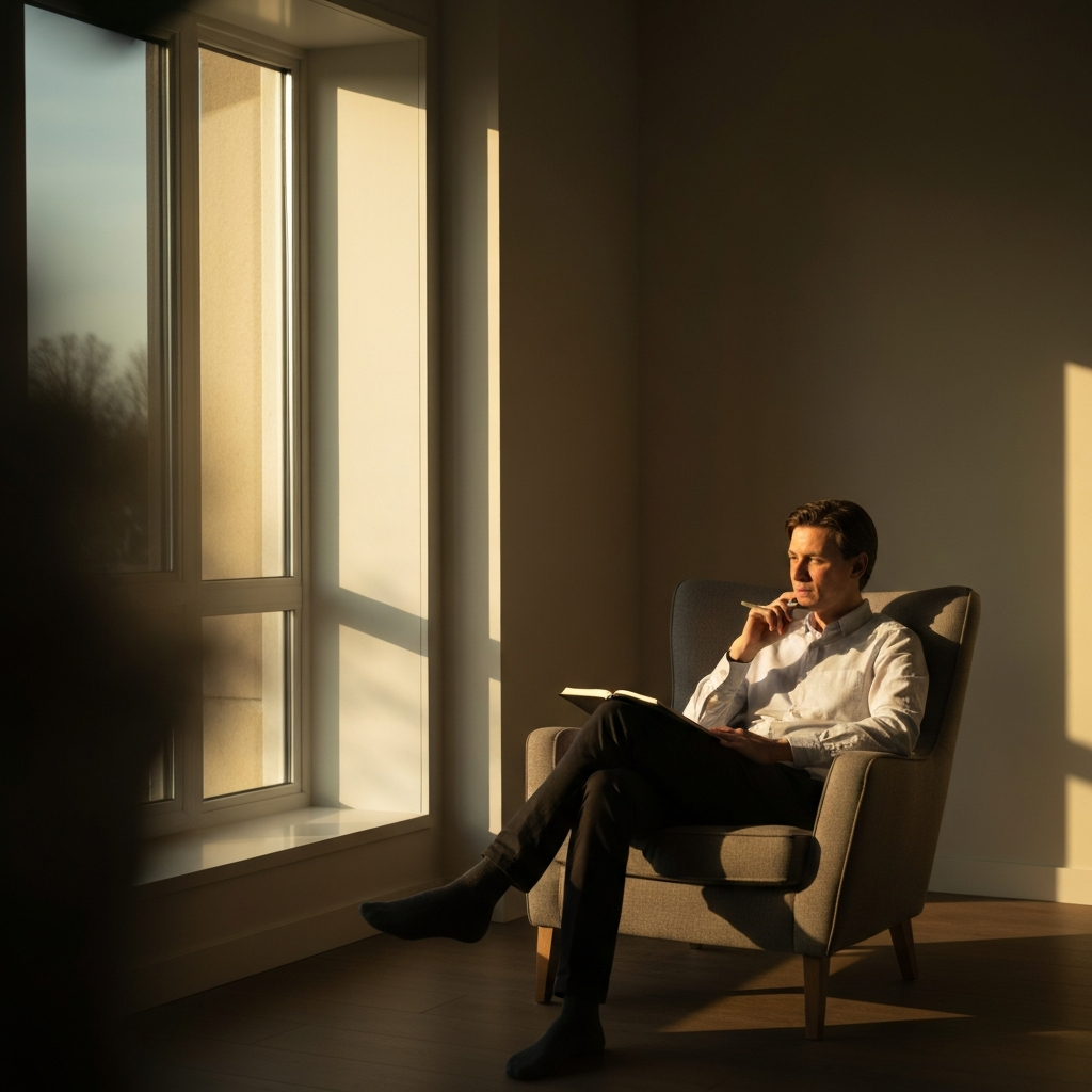 A person sitting in a cozy armchair, bathed in warm golden hour lighting from a nearby window. They are holding a notebook and pen, appearing thoughtful and introspective, with a soft bokeh effect blurring the background.