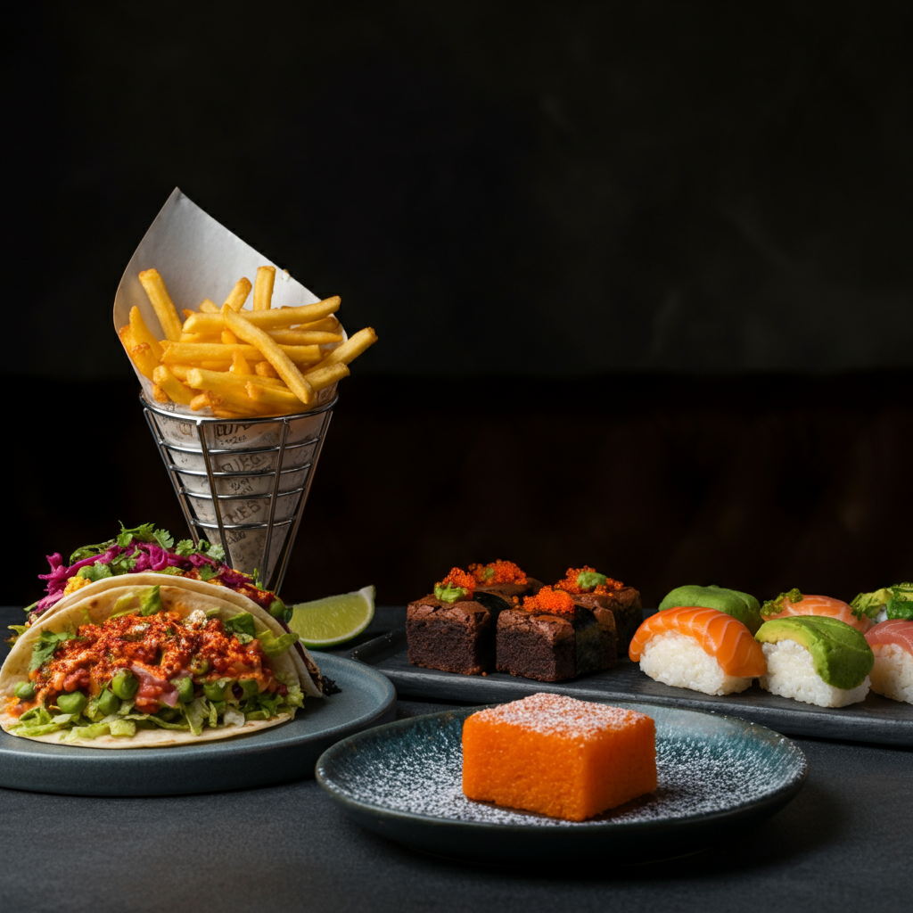 A professionally styled food photography scene with a variety of dishes: a vibrant taco with visible textures and spices, a crispy stack of french fries in a paper cone, a decadent chocolate brownie with a dusting of powdered sugar, a perfectly sliced pizza, and a colorful sushi platter. The lighting is bright and even, showcasing each dish.