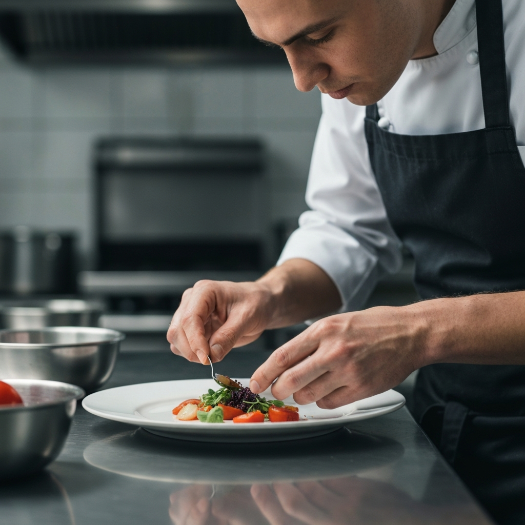 A chef in a clean, stainless-steel kitchen carefully assembling a dish. Their hands are visible as they artfully place ingredients on a plate. The background is slightly blurred to emphasize the precision of the chef's work.