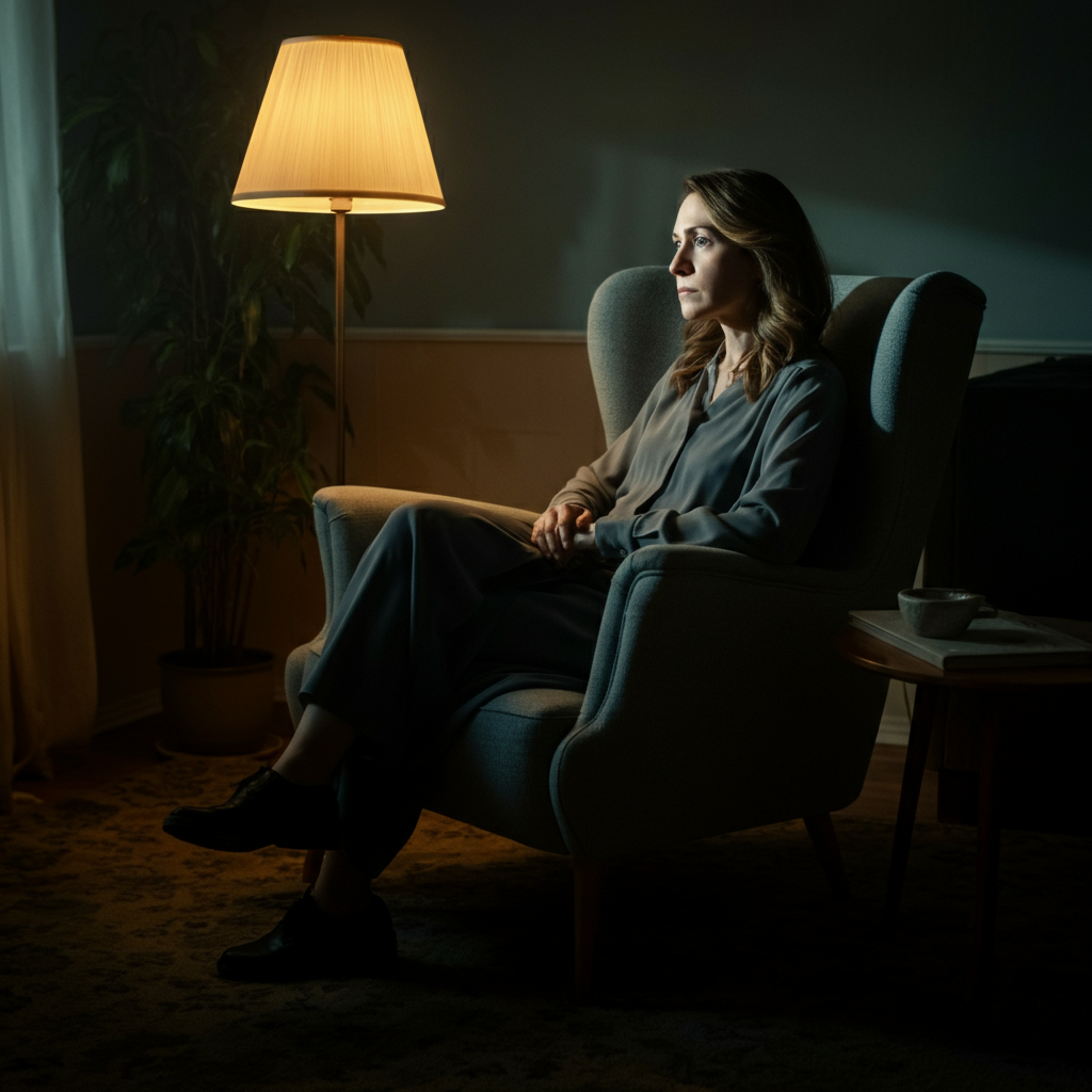 A softly lit room, a woman sitting in a comfortable armchair with a concerned expression. The room is decorated in calming colors. Soft bokeh on a houseplant in the background.