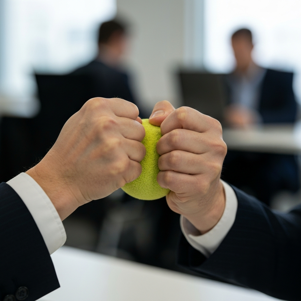 Close-up of hands clenching a stress ball. The background is blurred, suggesting a busy office environment. Focus is on the texture of the stress ball and the tension in the hands.
