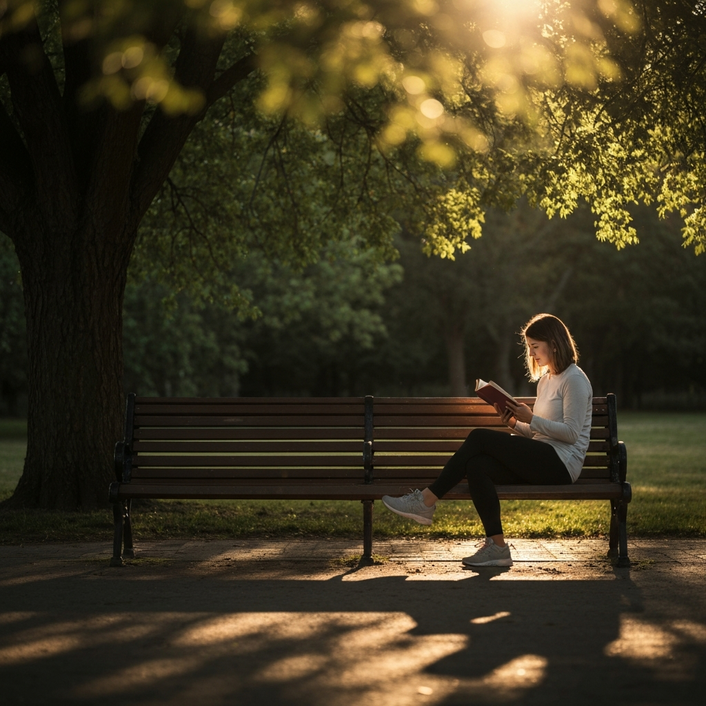 A woman sitting alone on a park bench, reading a book. Sunlight filters through the trees, creating dappled shadows. She appears relaxed and content.