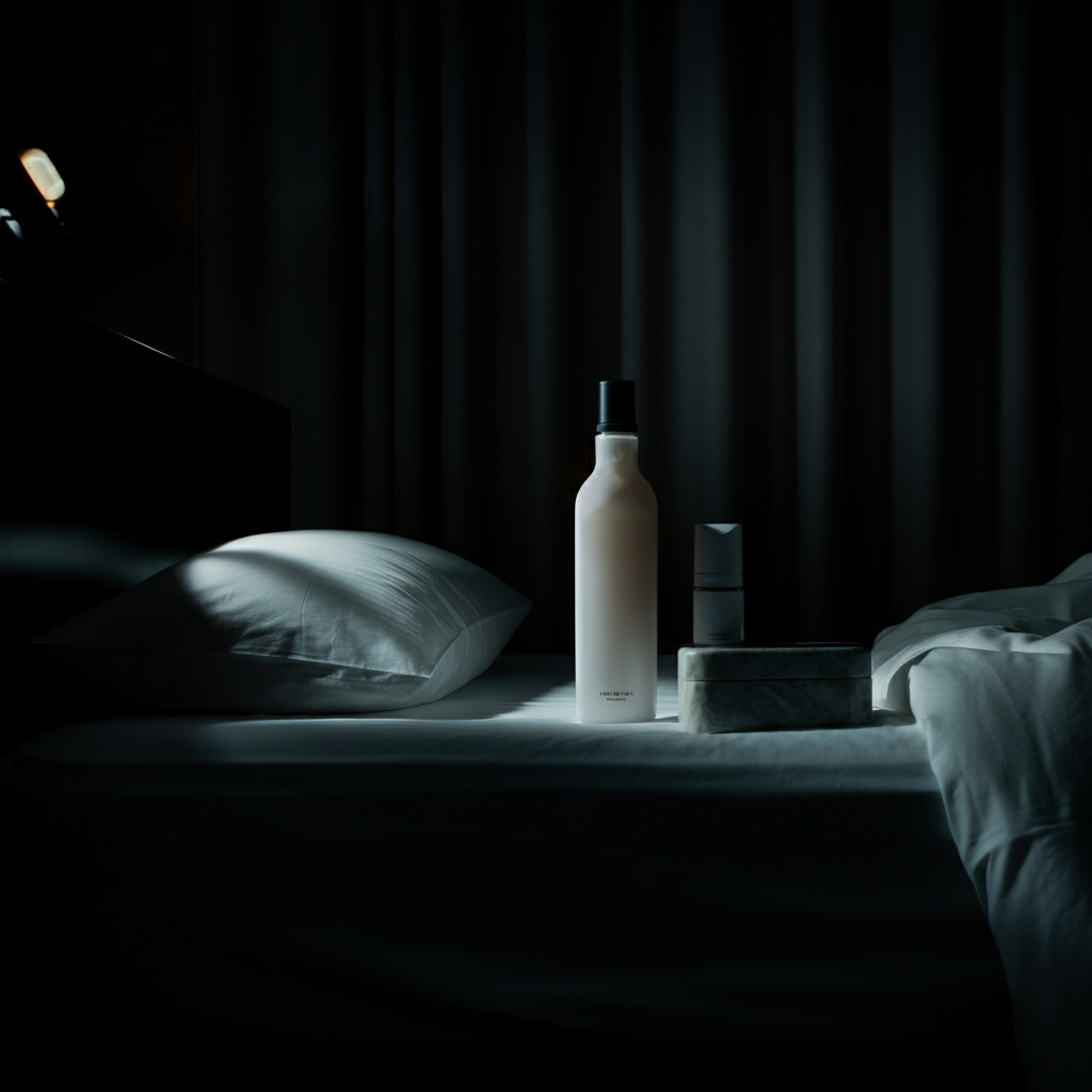 A dimly lit bedroom. A person is lying in bed, eyes closed, with soft morning light filtering through the curtains. The scene is peaceful and serene.