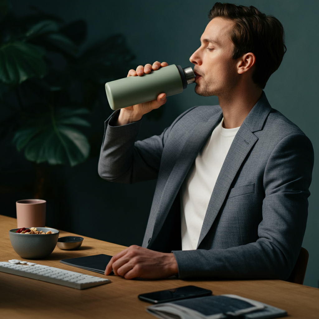 A person sitting at a desk, taking a sip of water from a reusable water bottle. The desk is tidy and organized, with a healthy snack (e.g., fruit, nuts) visible.