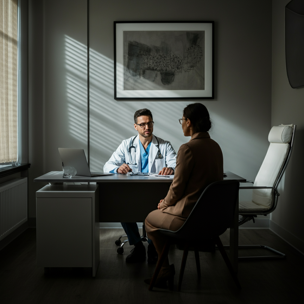 A doctor sitting at a desk in a well-lit office, talking to a patient. The atmosphere is calm and professional. The doctor is listening attentively to the patient's concerns.