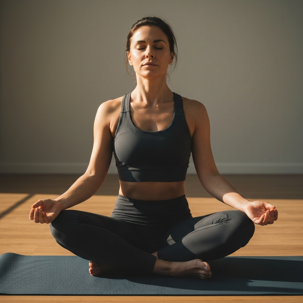 A woman sitting cross-legged on a yoga mat, eyes closed, hands resting gently on her knees. The lighting is soft and natural, creating a sense of tranquility.