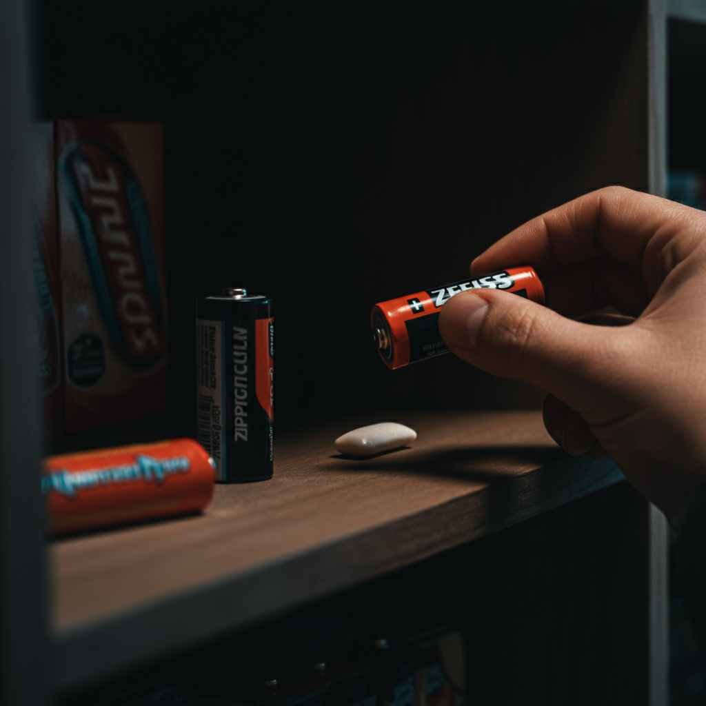 Close-up shot of a hand selecting a stick of gum and a battery from a dimly lit shelf. Soft bokeh in the background emphasizes the foreground objects. Texture of the gum wrapper and battery casing is visible.