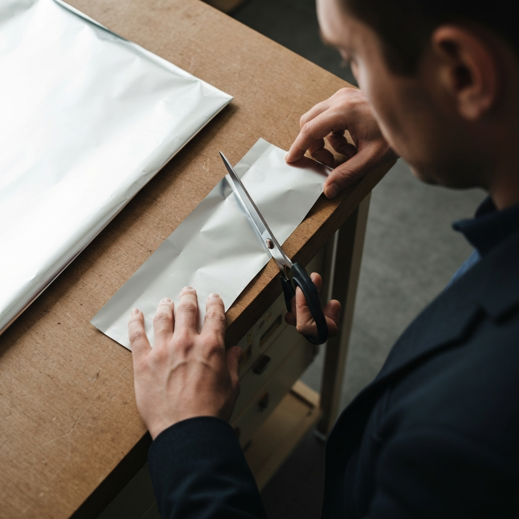 Overhead shot of a person's hands carefully cutting a strip of aluminum foil with scissors on a workbench. The foil is silver and reflects light. Good lighting shows precise cutting technique.