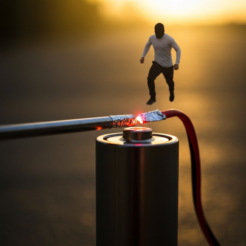 Close-up shot of a battery with a strip of foil connected to both terminals. The foil is beginning to glow red. Focus is sharp on the point of contact and the glowing foil.