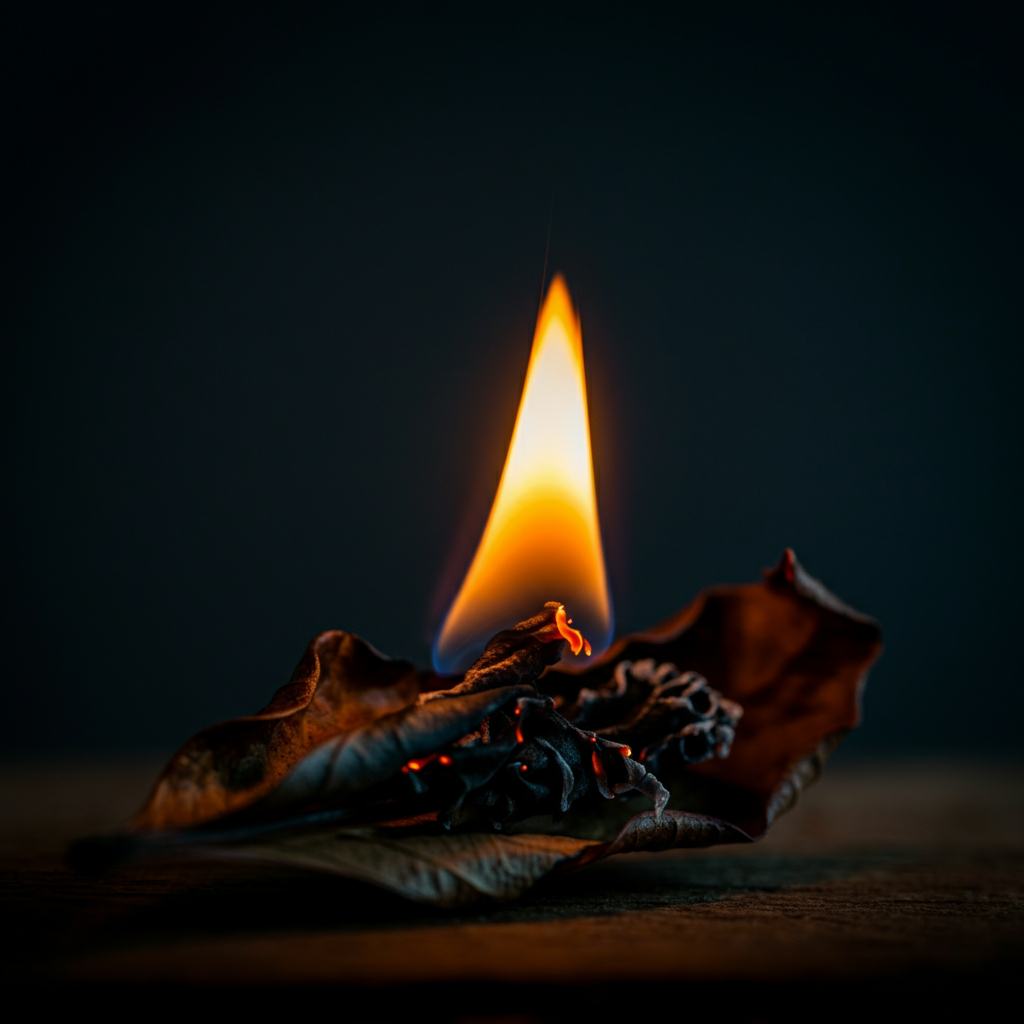 Side-lit shot of a small flame igniting dry leaves. Soft focus on the background. The foreground emphasizes the texture of the leaves and the flickering flame.