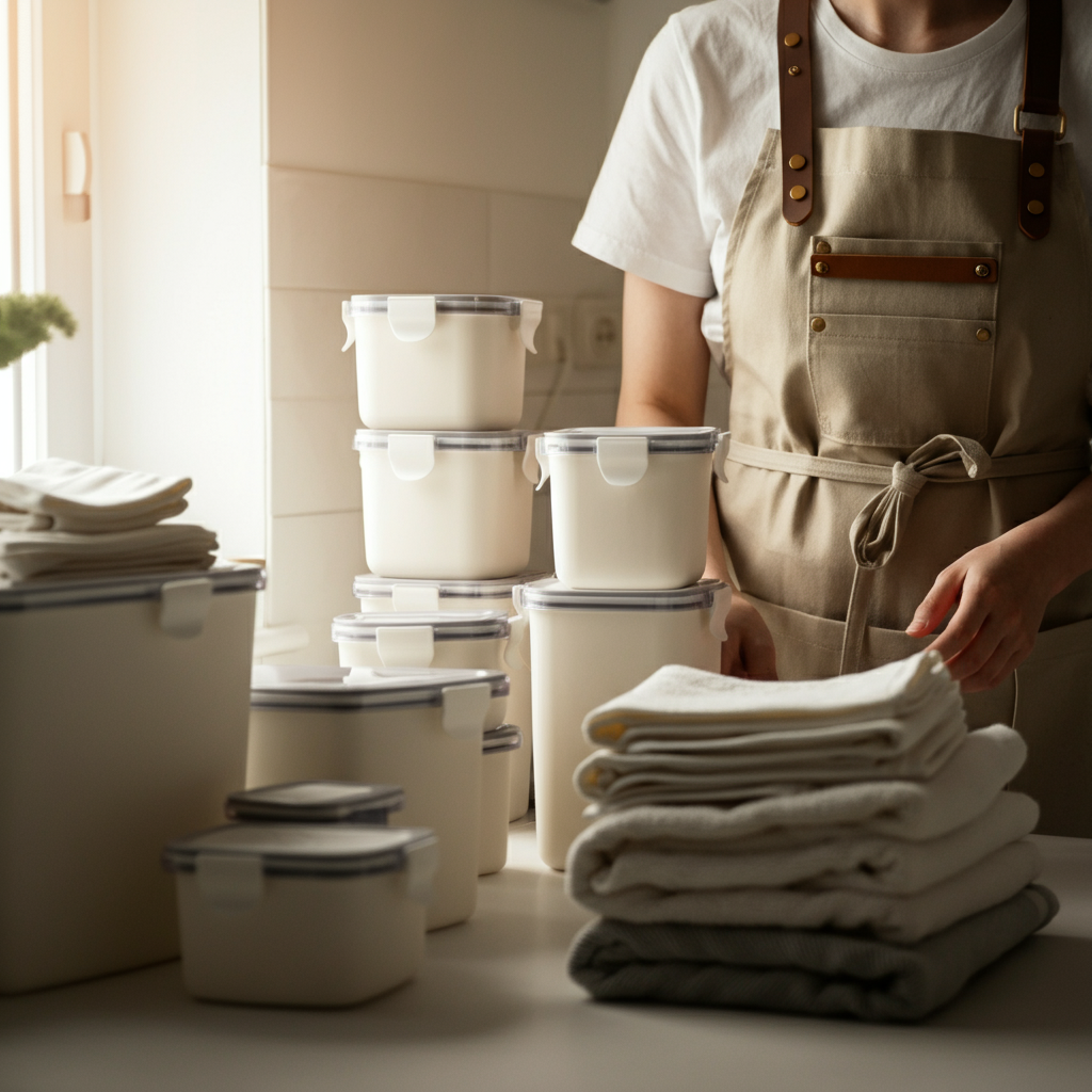 Bright, organized kitchen. A person wearing an apron, stands at a countertop filled with clean storage containers and neatly folded towels. Soft, diffused natural light streams in from a nearby window, casting gentle shadows on the scene.