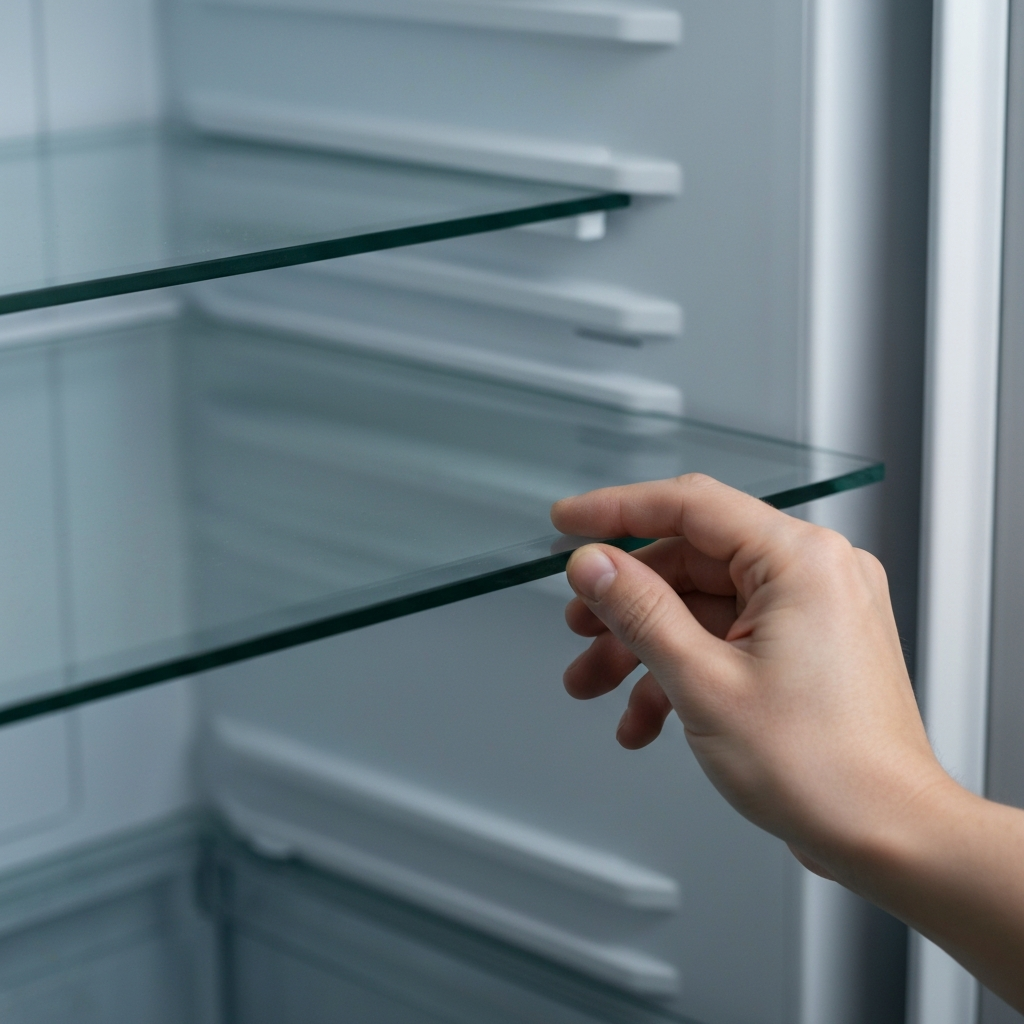 Close-up shot of a hand carefully removing a glass shelf from a refrigerator. The interior of the refrigerator is slightly blurred, focusing attention on the texture and clean lines of the shelf and hand. The lighting is cool and even.