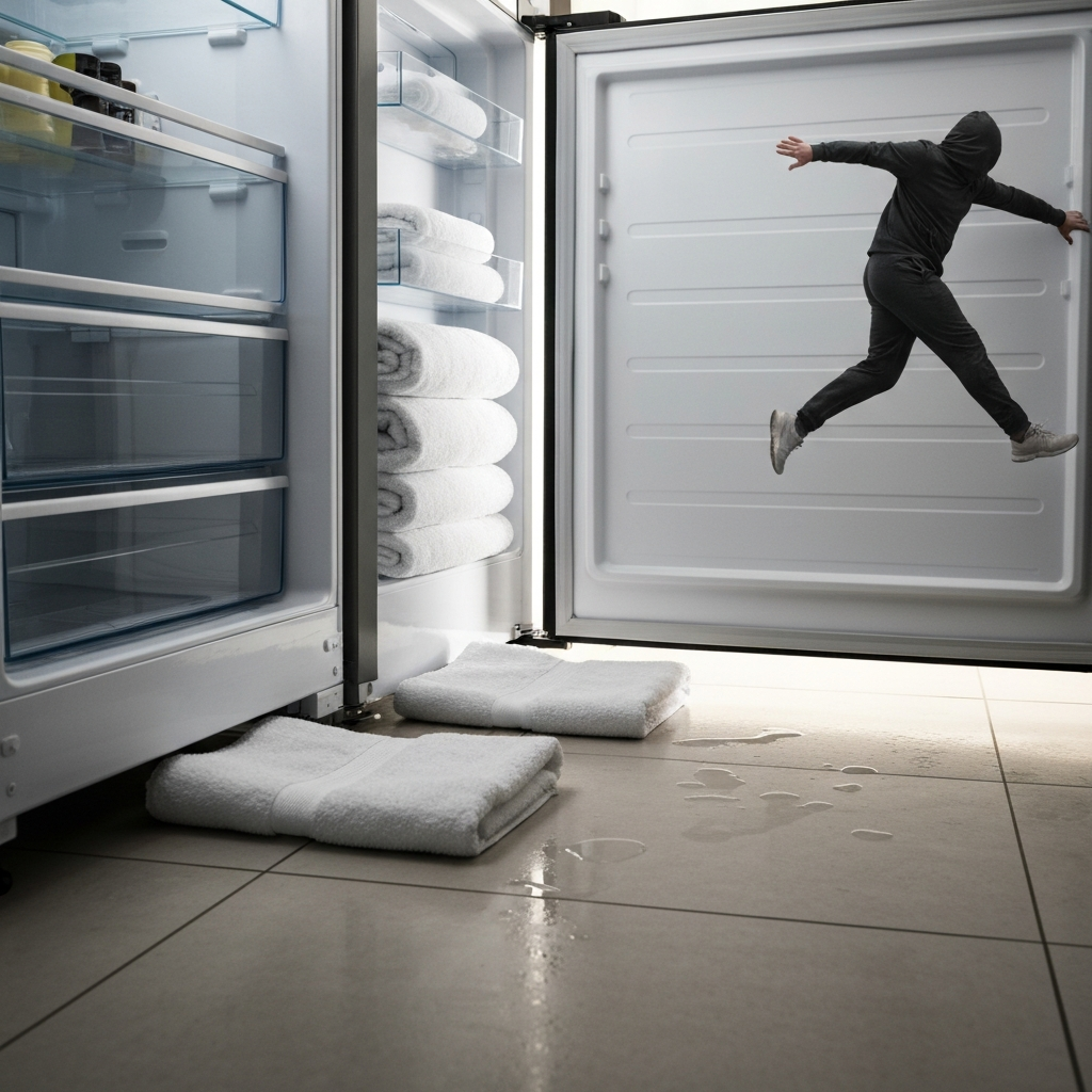 Wide-angle shot of a refrigerator with its door open. Several thick, absorbent towels are neatly arranged around the base, soaking up small puddles of water. The floor is a light-colored tile with a subtle texture, reflecting ambient light.