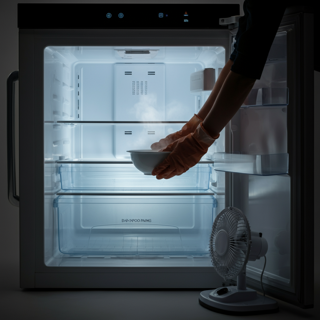 A person, wearing rubber gloves, carefully positions a bowl of steaming water inside the empty freezer compartment of a refrigerator. A small fan is placed nearby. The freezer's interior is lit with a cool, practical light.