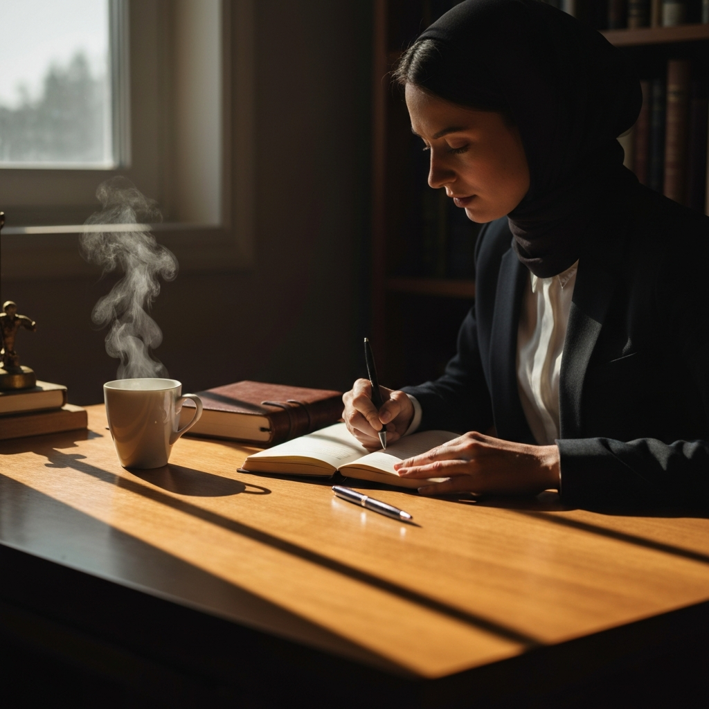 A person journaling in a warmly lit study, sunlight streaming through the window casting long shadows on the wooden desk. A steaming cup of tea sits beside a leather-bound journal and a pen. The lighting is soft and focused, with a shallow depth of field.