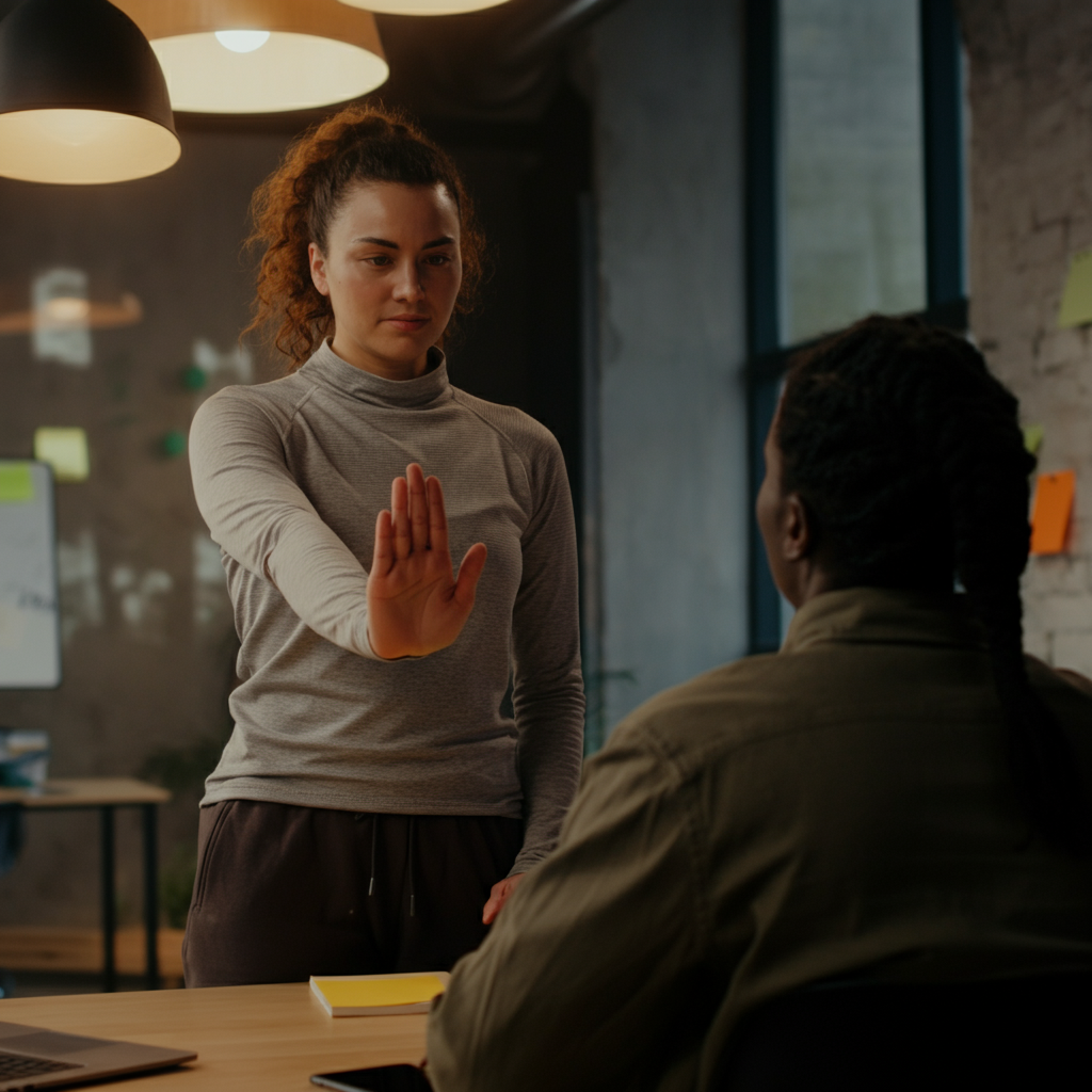 A person in a brightly lit, modern office politely declining a request from a colleague. The person is standing confidently with a neutral expression, while the colleague is seated with a slightly disappointed look. The focus is sharp on the first person's face, with a shallow depth of field.