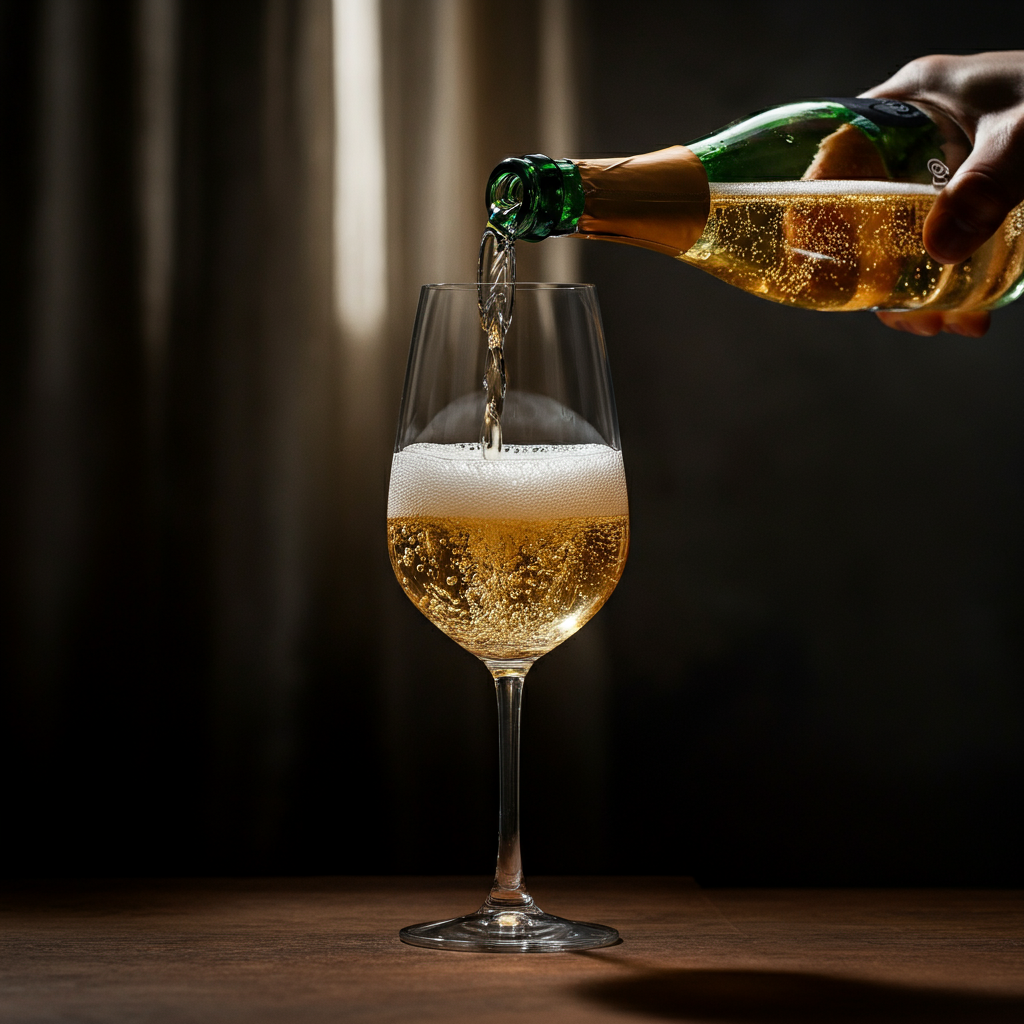 A close-up shot of a hand pouring a glass of sparkling cider with celebratory bubbles in a beautifully decorated kitchen. Soft, natural light streams through the window, highlighting the textures of the glass and the bubbles.