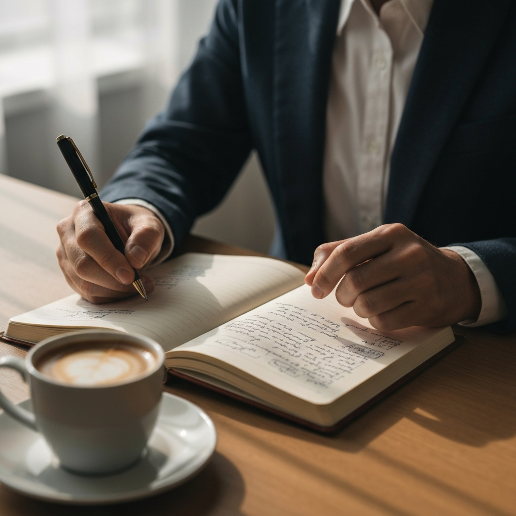 A person's hands holding a journal and pen, with a warm, inviting coffee mug nearby. The journal is open to a page with handwritten notes and doodles. The scene is well-lit with a soft, diffused light.