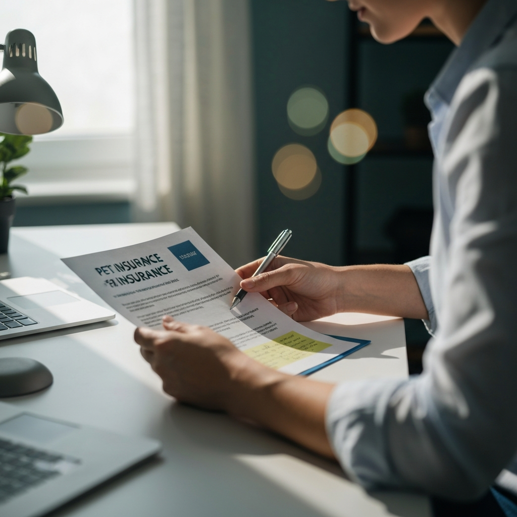 A pet owner sitting at a desk, illuminated by soft natural light from a window, reviewing documents related to pet insurance. A dog is lying calmly at their feet. Close-up on the documents showing highlighted text and handwritten notes. Soft bokeh effect in the background.