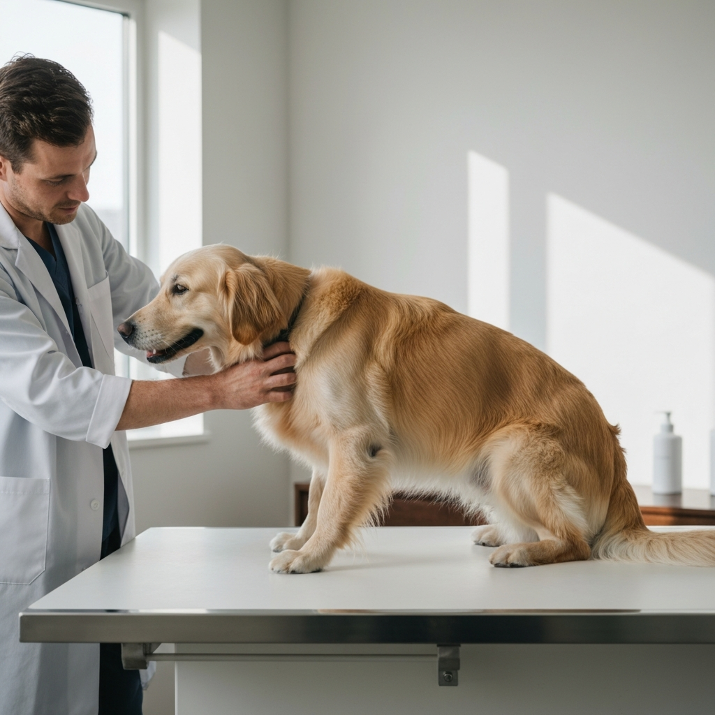 A veterinarian gently examining a golden retriever on an examination table. The vet is wearing a lab coat, and the examination room is well-lit with sterile surfaces visible. Close-up on the vet's hands as they palpate the dog's joints. Soft, diffused lighting.