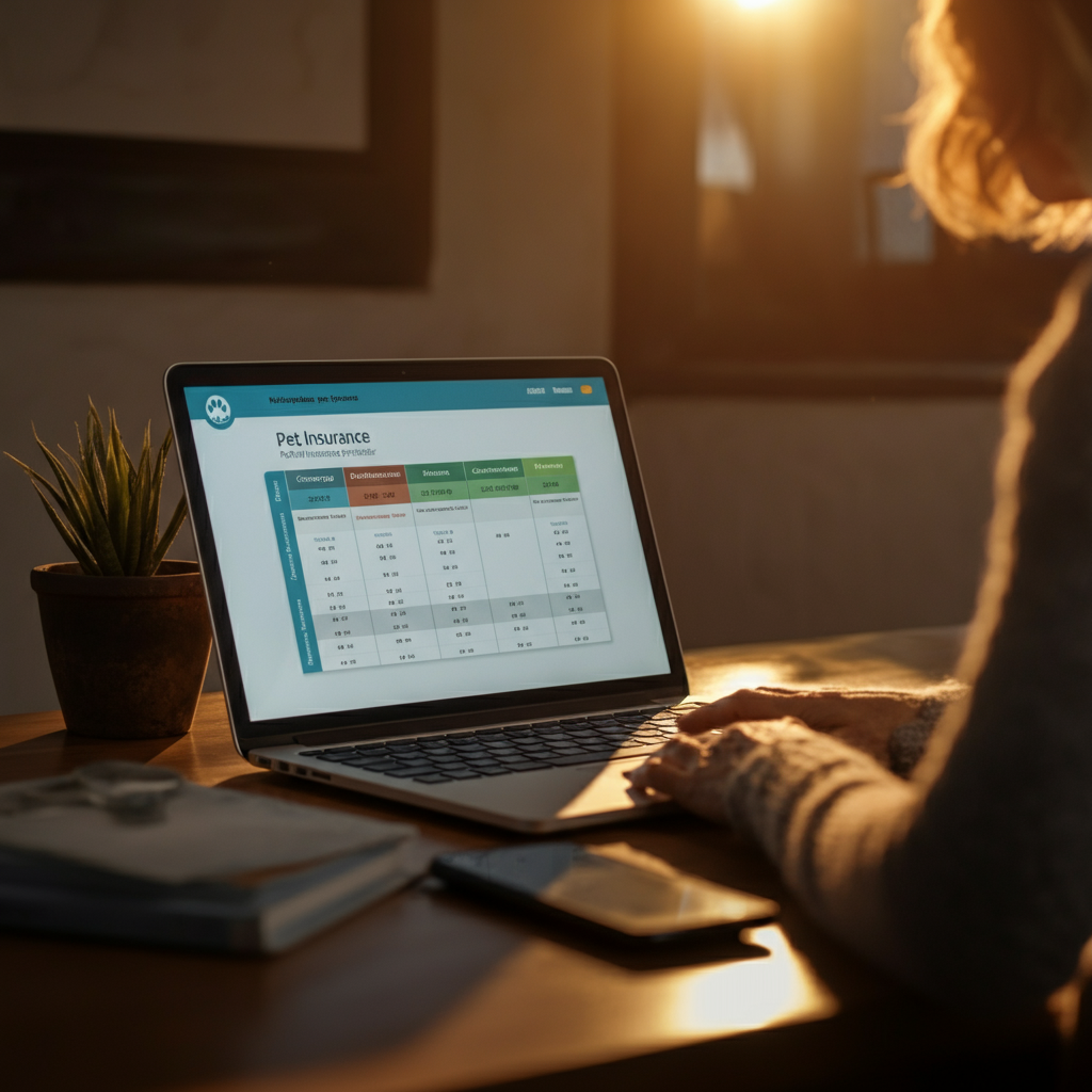 A laptop screen displaying a comparison chart of different pet insurance providers. The chart includes columns for coverage details, premiums, deductibles, and customer ratings. The lighting in the room is warm and inviting, creating a sense of informed decision-making.