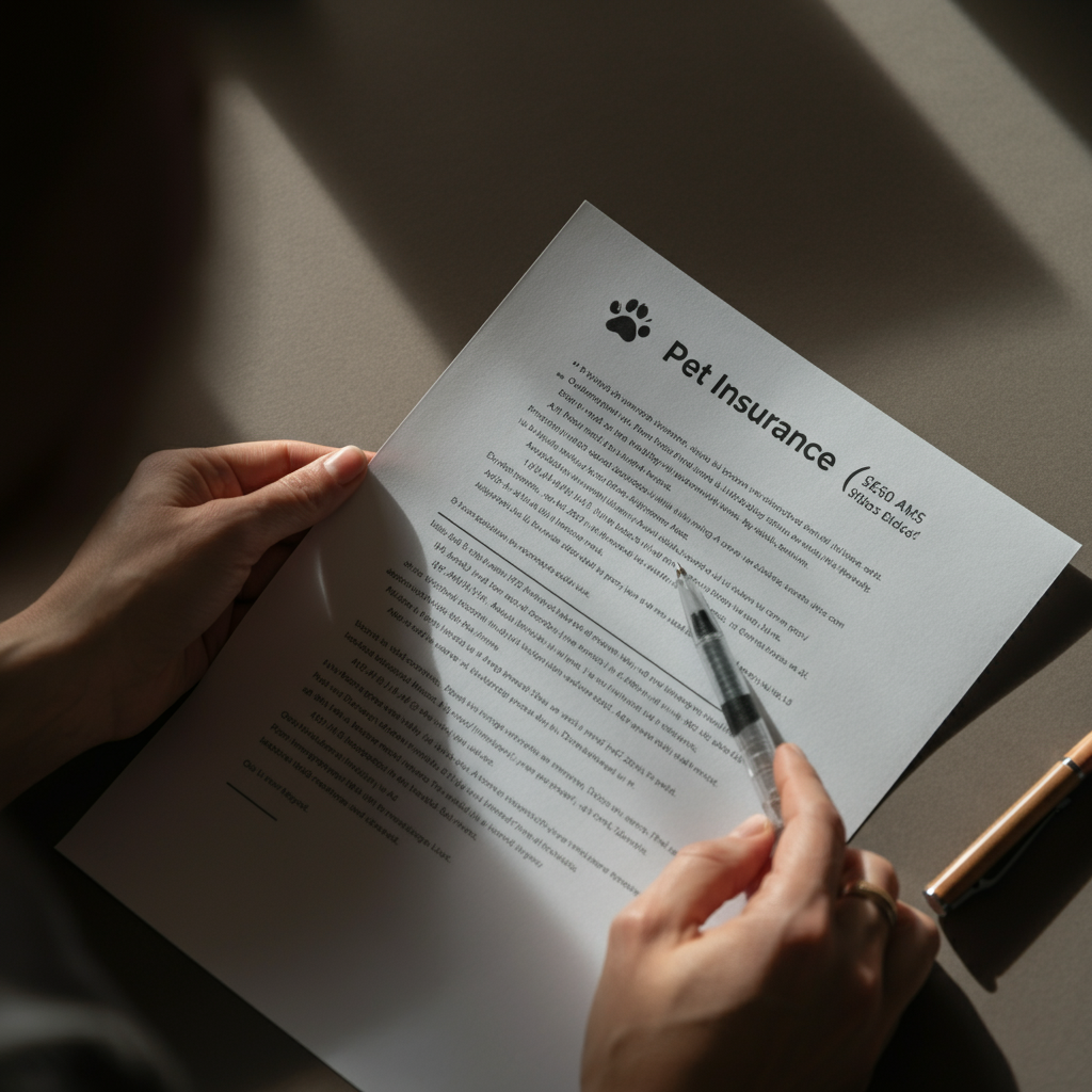 A person's hands holding a printed quote from a pet insurance company. The lighting is natural and soft, highlighting the details of the document. A pen rests beside the quote, suggesting careful review and consideration.