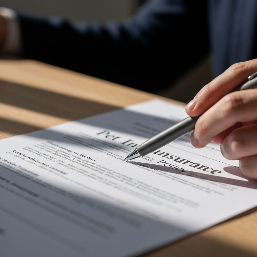 Close-up shot of a pet insurance policy document, side-lit to emphasize the texture of the paper. A hand is pointing to a specific section of the document with a pen, suggesting detailed scrutiny. Soft shadows add depth.