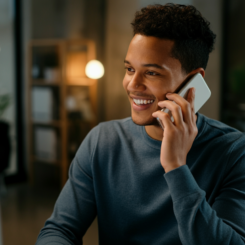 A person talking on a phone, presumably to a pet insurance customer service representative. The person is smiling and appears to be having a positive conversation. The background is a clean and organized office space, conveying a sense of professionalism.