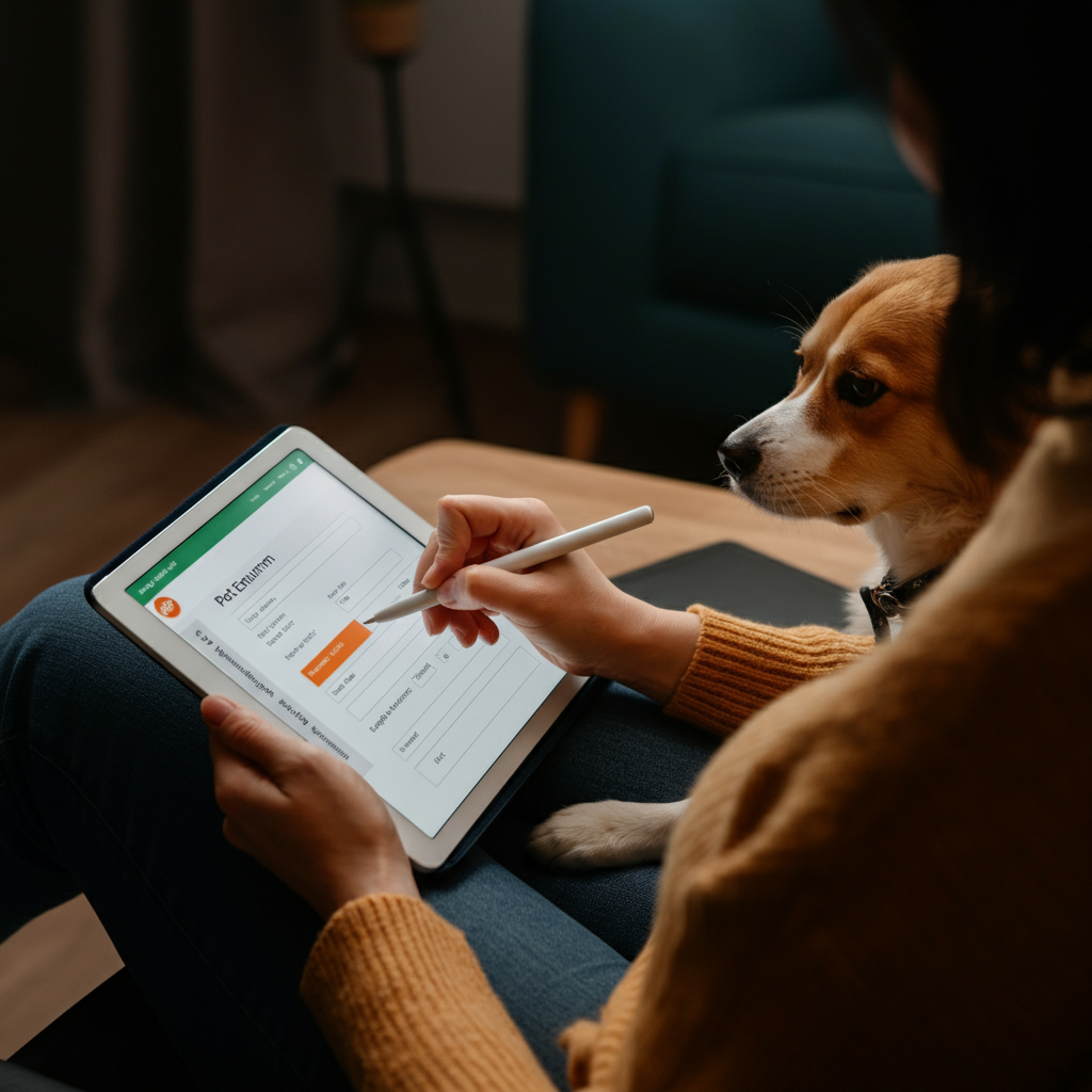 A pet owner filling out an online enrollment form for pet insurance on a tablet. The pet is sitting beside them, looking attentively at the screen. The room is cozy and well-lit, creating a sense of security and care.