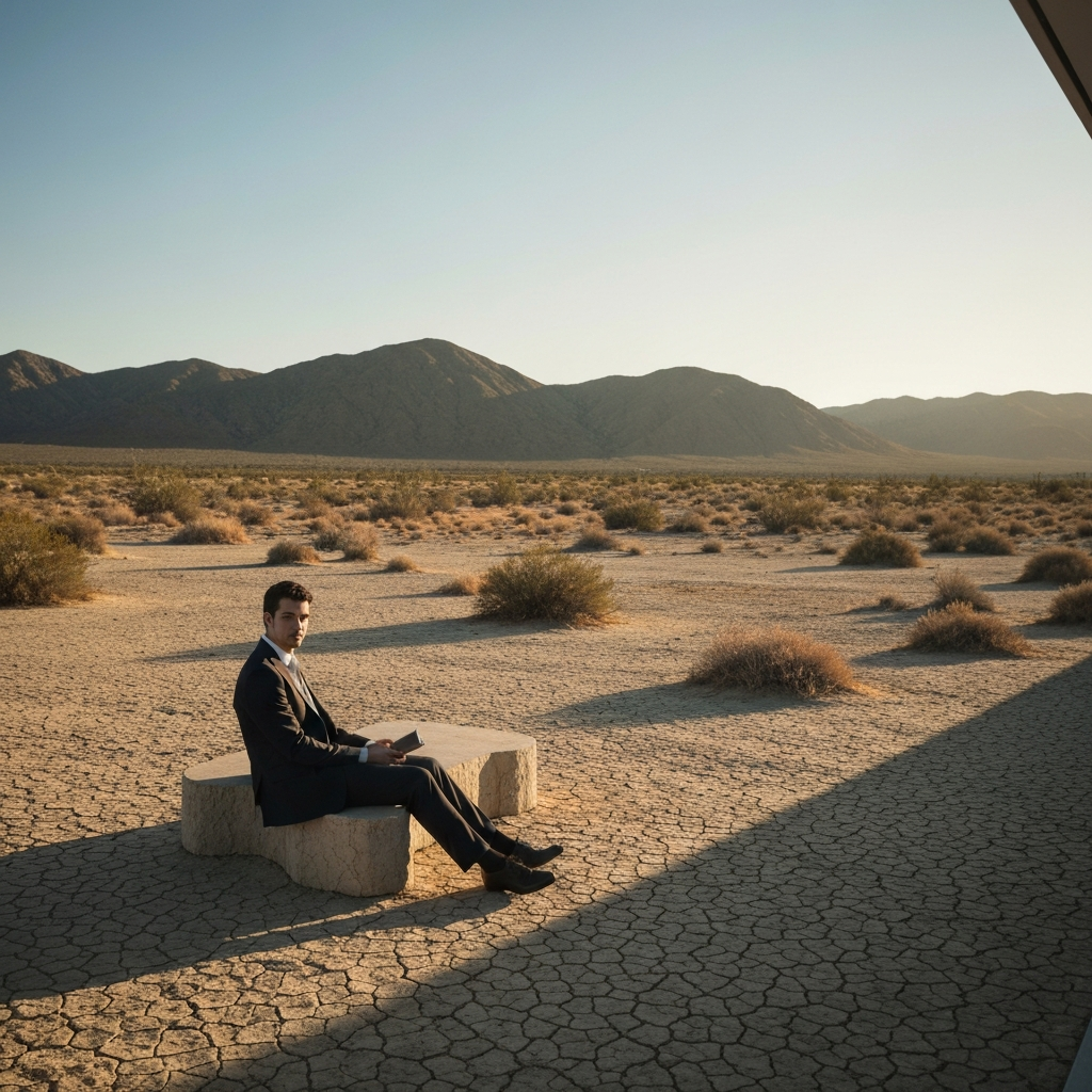 A vintage photograph of a California desert landscape, side-lit by the setting sun, emphasizing the dry, cracked earth and sparse vegetation, evoking a sense of isolation and desolation.