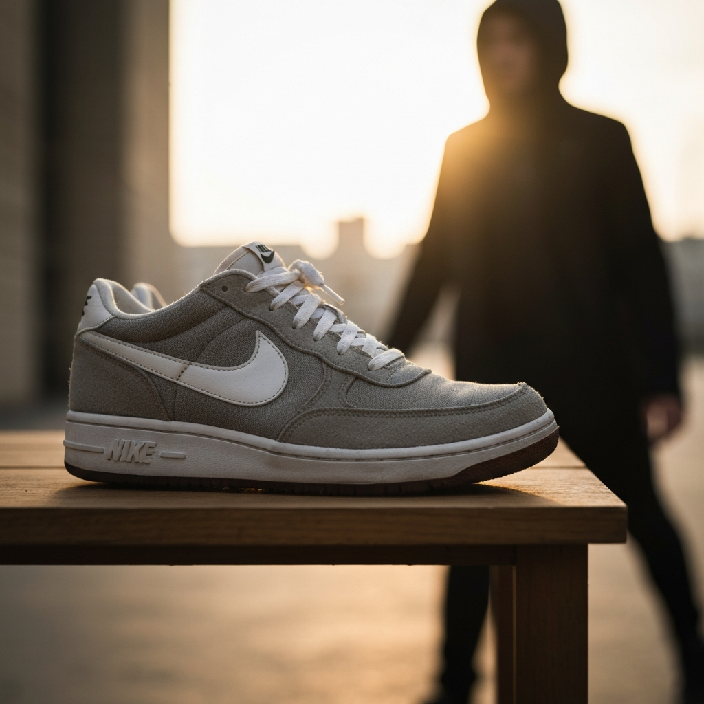 A still life photograph of a pair of well-worn Nike Decades sneakers, placed on a simple wooden table. The lighting is soft and diffused, highlighting the texture of the fabric and the rubber sole.
