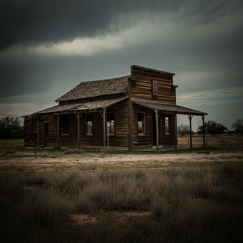A landscape photograph depicting the Texas plains, with a lone, weathered wooden building in the distance. The sky is overcast, casting a muted light over the scene, suggesting a sense of isolation and foreboding.