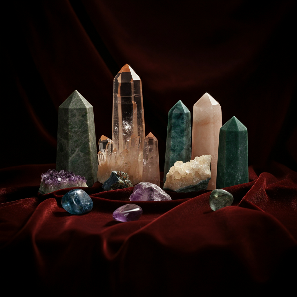 A close-up photograph of a collection of colorful crystals, arranged on a velvet cloth. The lighting is soft and warm, highlighting the facets and textures of the crystals.