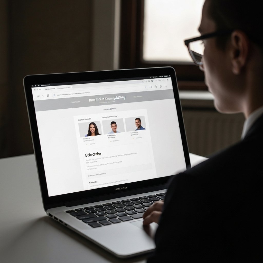 A laptop screen displaying a clean, professional-looking website with a birth order compatibility calculator. Soft lighting on the screen, reflecting slightly on the user's glasses.