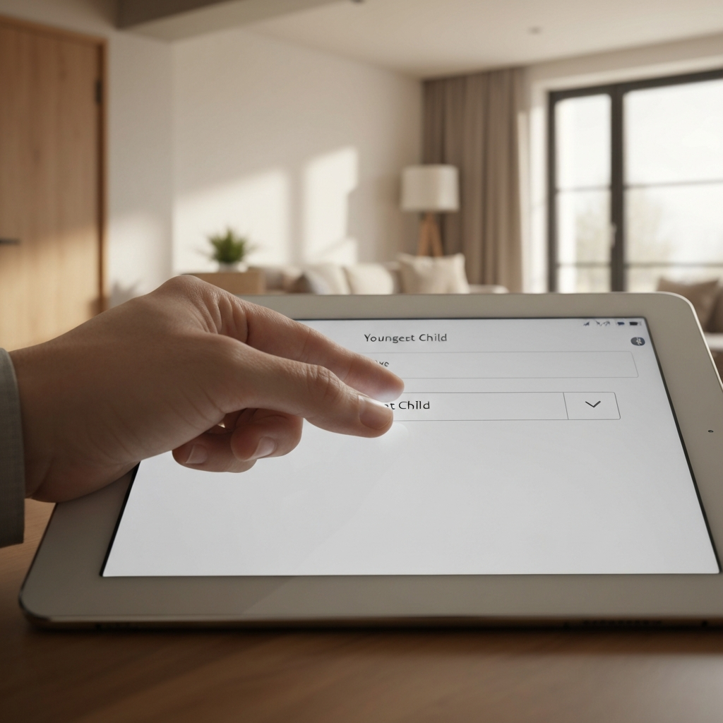Close-up of a hand carefully selecting "Youngest Child" from a dropdown menu on a tablet. The background shows a cozy living room with warm, inviting light.