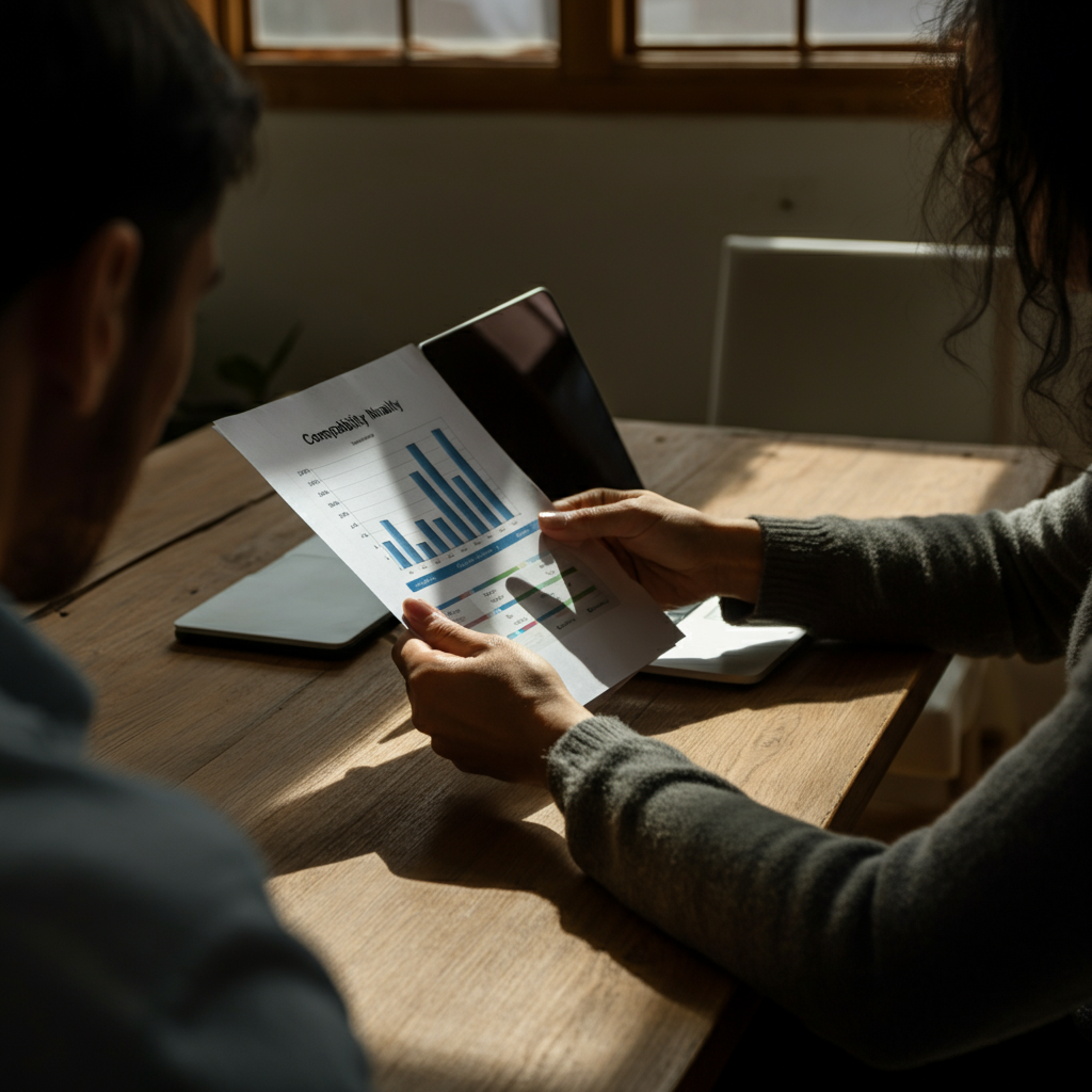 Two people sitting at a table, reviewing a document together. The document shows graphs and text related to compatibility analysis. Natural light streams in from a nearby window.