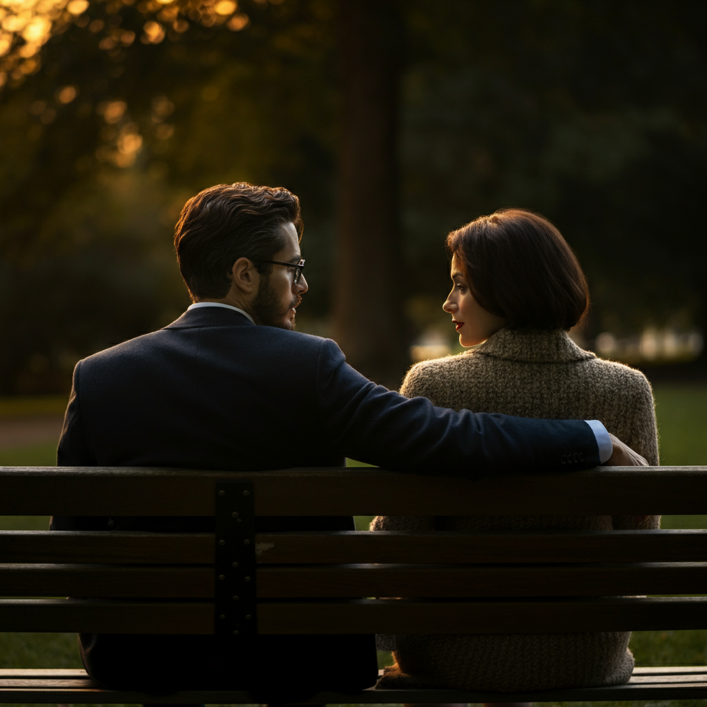 A couple sitting on a park bench, engaged in thoughtful conversation. Soft focus on the background, highlighting the intimacy of the moment. Golden hour lighting.