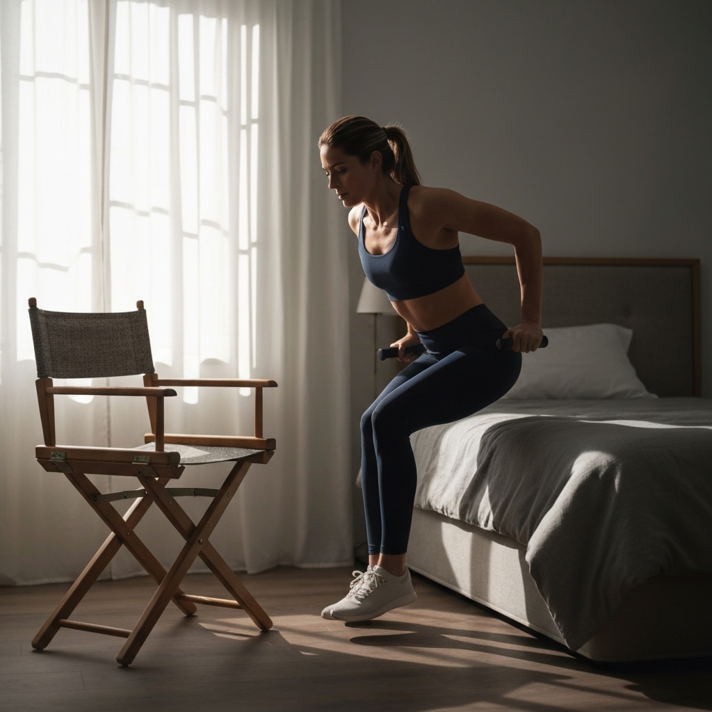 A well-lit home gym space with a wooden director's chair positioned near a neatly made bed. Soft light streams in from a window, highlighting the textured fabric of the chair. A woman in athletic wear demonstrates the tricep dip exercise with focused concentration.